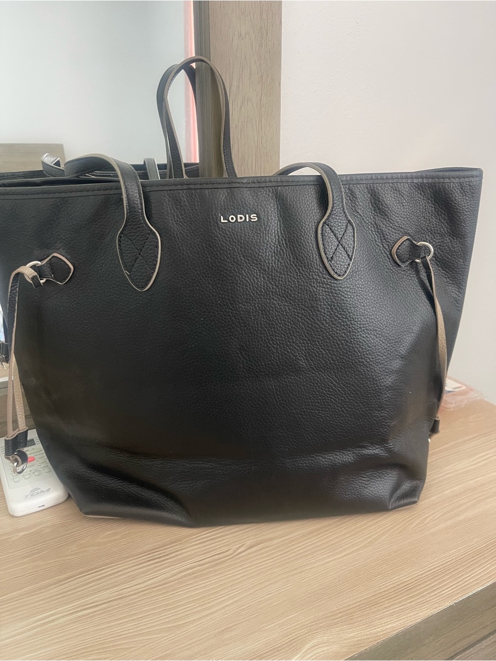 Lodis Black Pebbled Leather Tote with Gold Hardware